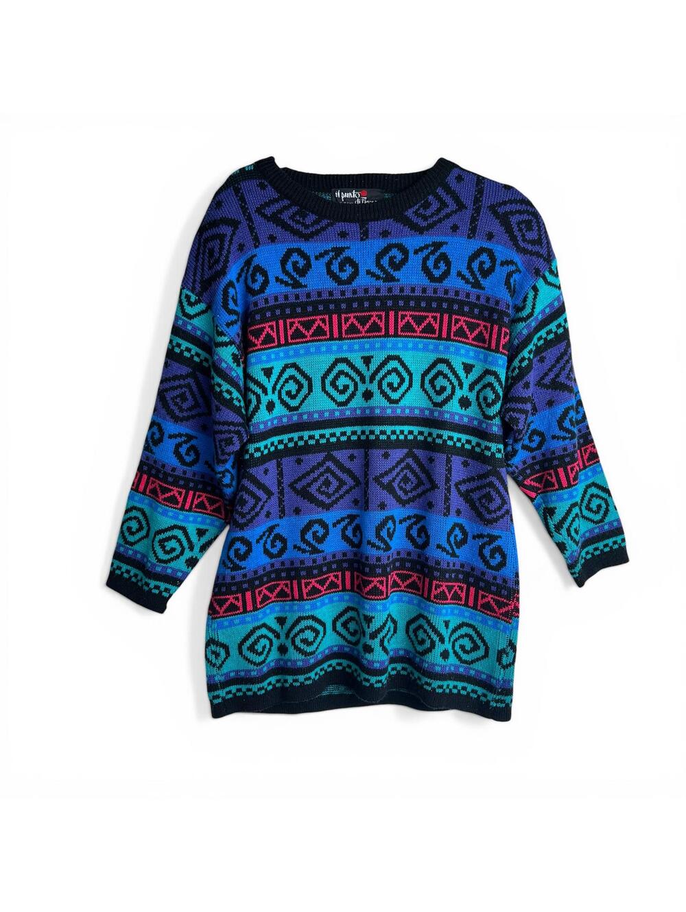 Vintage Blue Colorful Patterned Knit Sweater